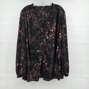 Well Worn Blouse 3X Black Floral Ruffle V-Neck Button Front Romantic Fairygoth